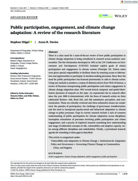 Public participation, engagement, and climate change adaptation: A review of the research literature
